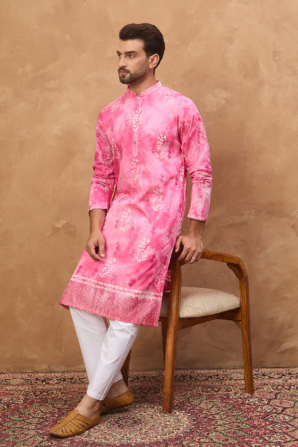 Pink Silk Blend Batik Embroidered Straight Kurta With Pant Set MKSET1515