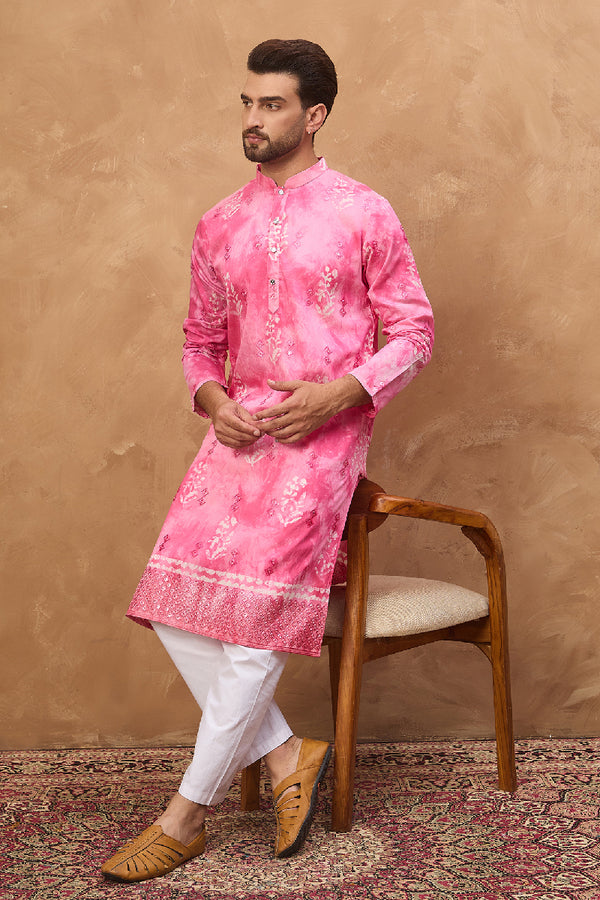 Pink Silk Blend Batik Embroidered Straight Kurta With Pant Set MKSET1515