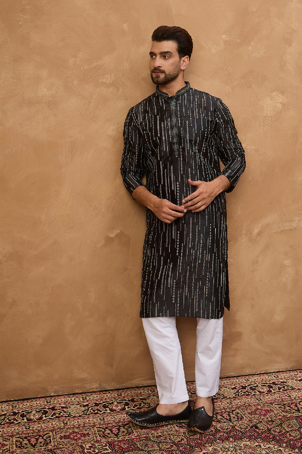 Black Silk Blend Geometric Printed Straight Kurta With Pant Set MKSET1516