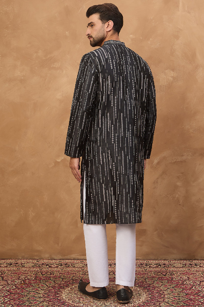 Black Silk Blend Geometric Printed Straight Kurta With Pant Set MKSET1516