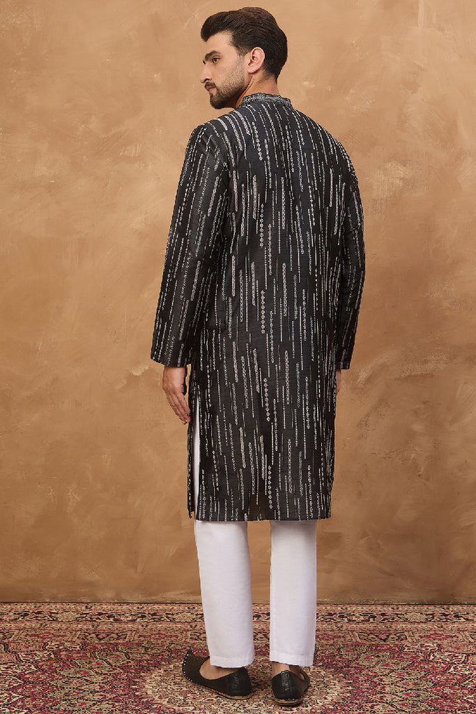 Black Silk Blend Geometric Printed Straight Kurta With Pant Set MKSET1516