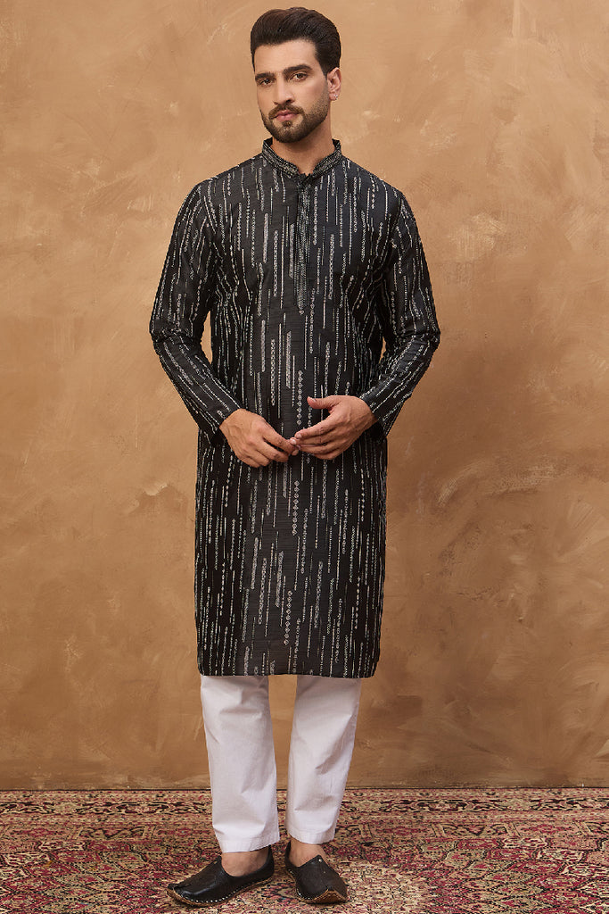 Black Silk Blend Geometric Printed Straight Kurta With Pant Set MKSET1516