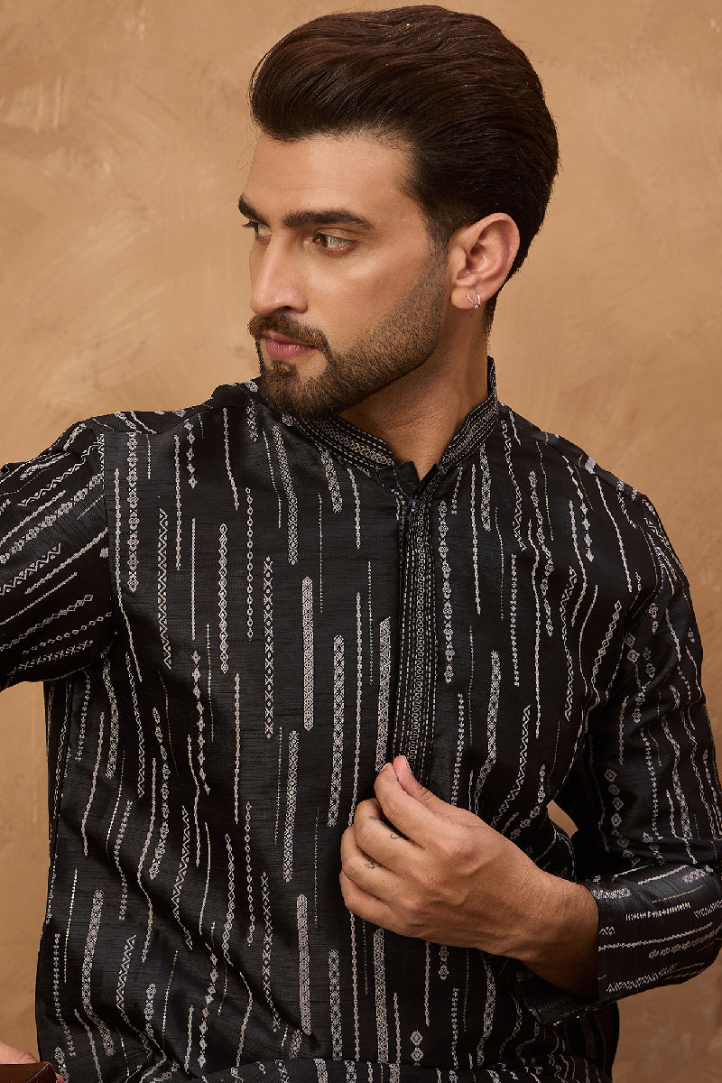 Black Silk Blend Geometric Printed Straight Kurta With Pant Set MKSET1516