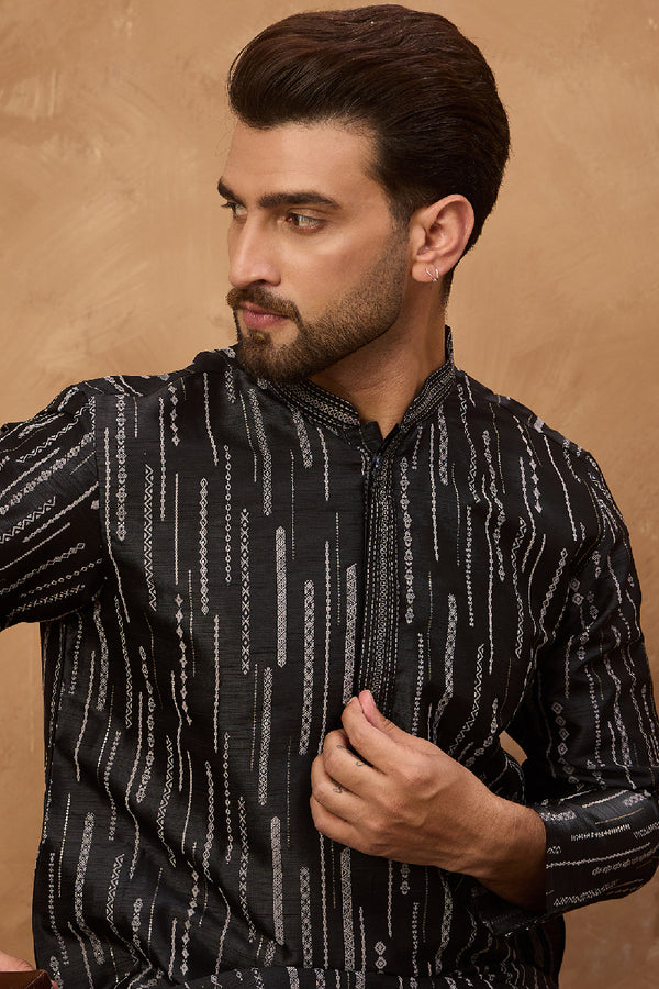 Black Silk Blend Geometric Printed Straight Kurta MKU1516