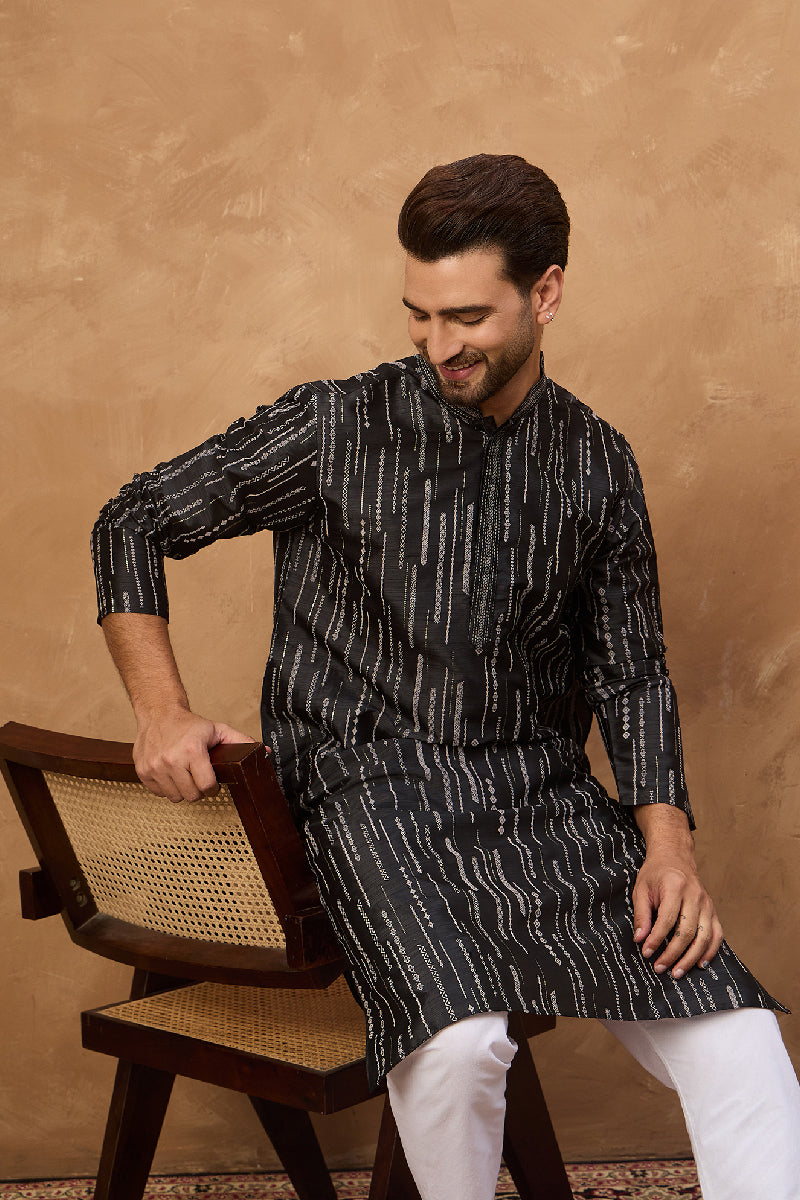 Black Silk Blend Geometric Printed Straight Kurta With Pant Set MKSET1516