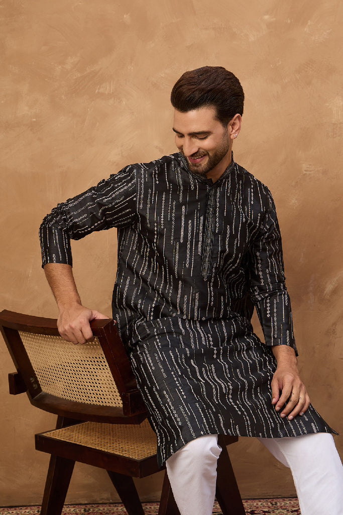 Black Silk Blend Geometric Printed Straight Kurta With Pant Set MKSET1516