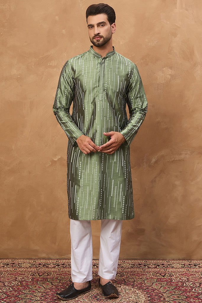 Green Silk Blend Geometric Embroidered Straight Kurta With Pant Set MKSET1517