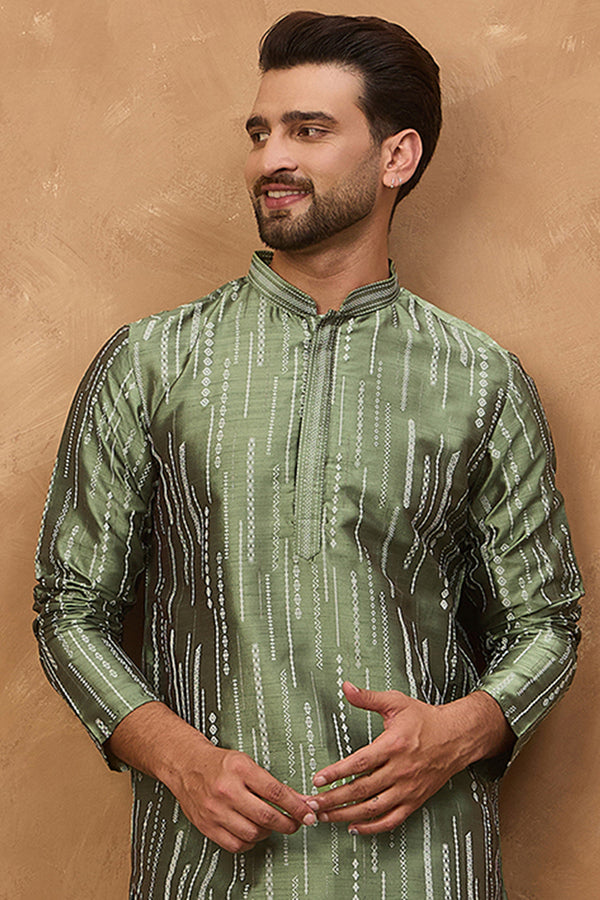 Green Silk Blend Geometric Embroidered Straight Kurta With Pant Set MKSET1517