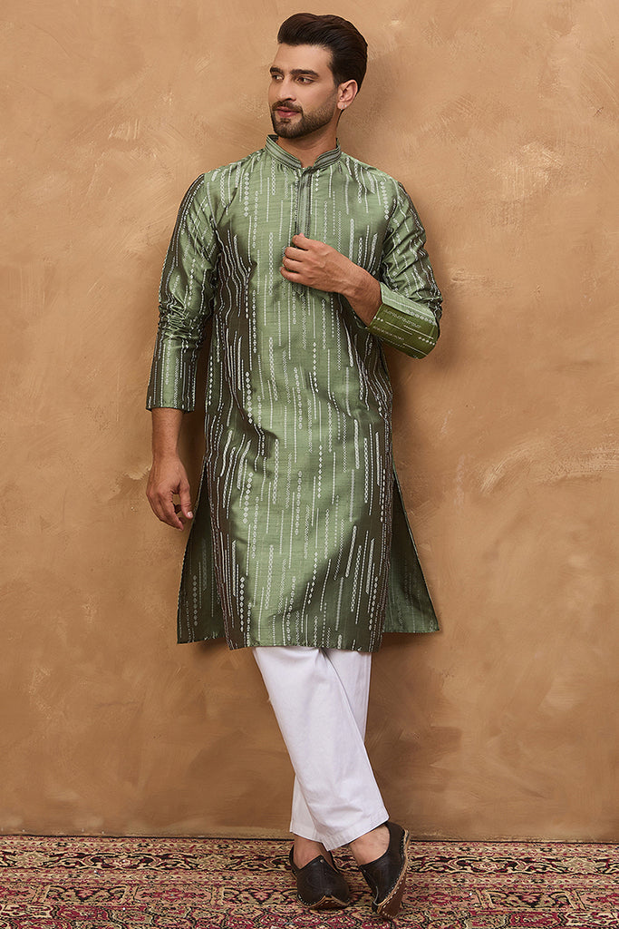 Green Silk Blend Geometric Embroidered Straight Kurta With Pant Set MKSET1517