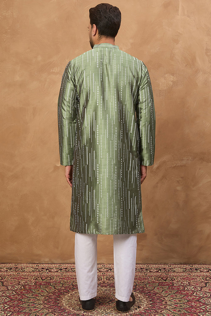 Green Silk Blend Geometric Embroidered Straight Kurta With Pant Set MKSET1517