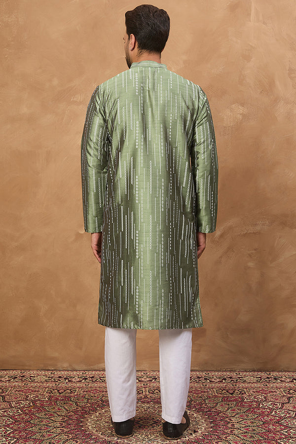 Green Silk Blend Geometric Embroidered Straight Kurta With Pant Set MKSET1517