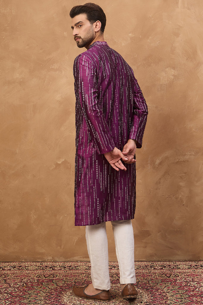 Purple Silk Blend Geometric Printed Straight Kurta With Pant Set MKSET1518