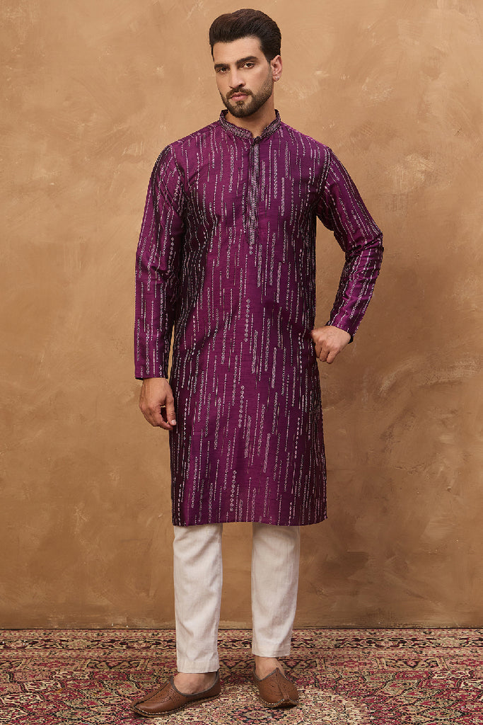 Purple Silk Blend Geometric Printed Straight Kurta With Pant Set MKSET1518