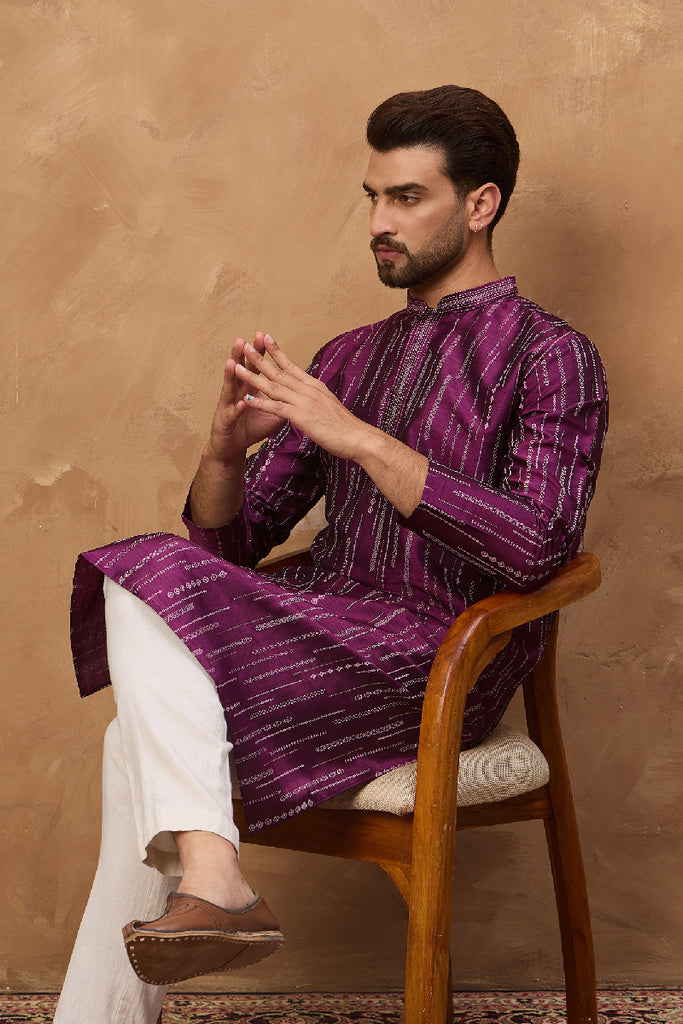 Purple Silk Blend Geometric Printed Straight Kurta With Pant Set MKSET1518