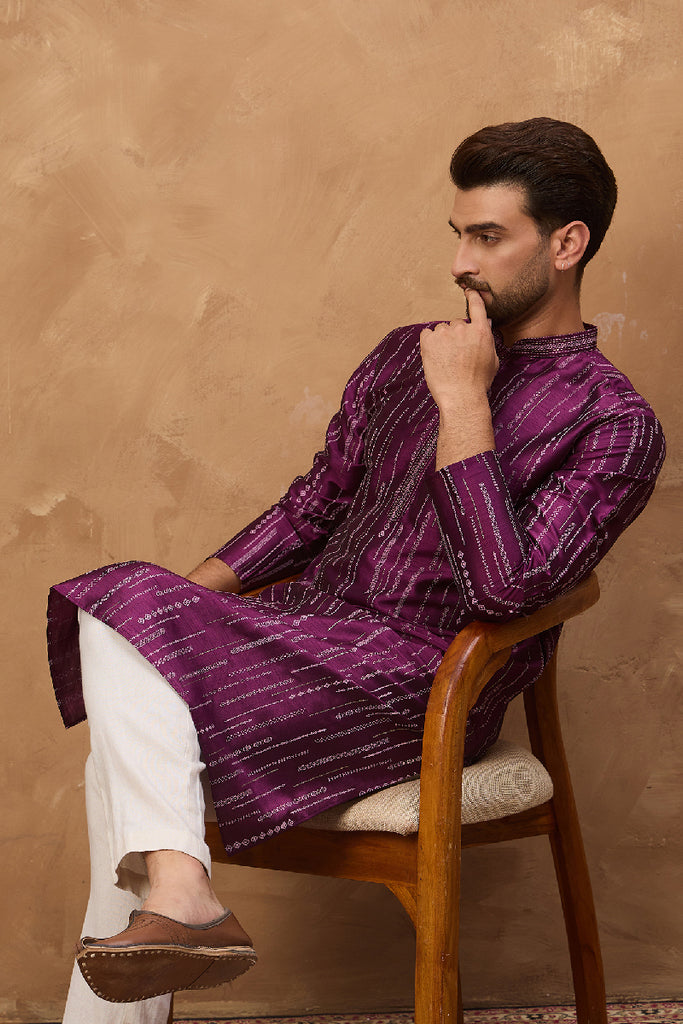 Purple Silk Blend Geometric Printed Straight Kurta With Pant Set MKSET1518