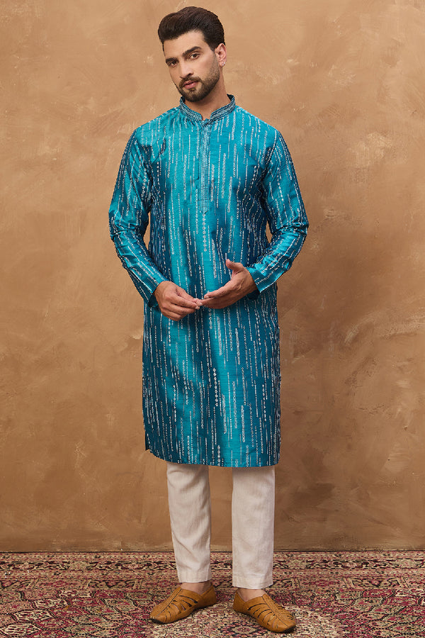 Blue Silk Blend Geometric Printed Straight Kurta With Pant Set MKSET1519