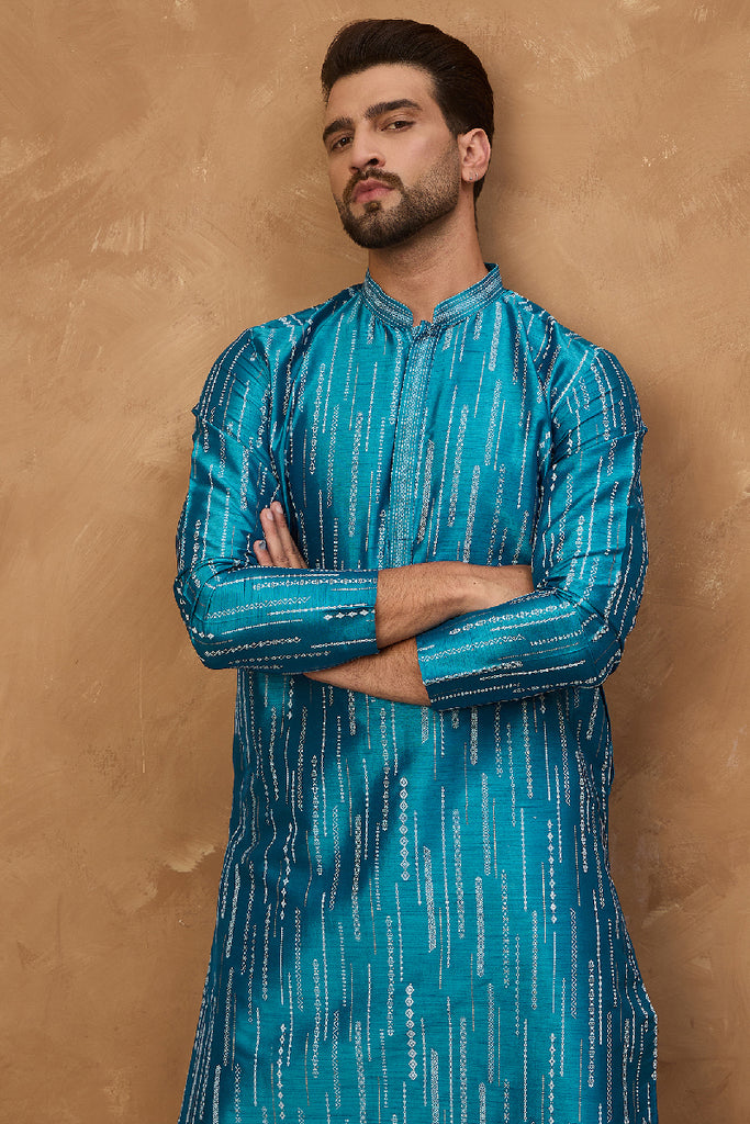 Blue Silk Blend Geometric Printed Straight Kurta With Pant Set MKSET1519