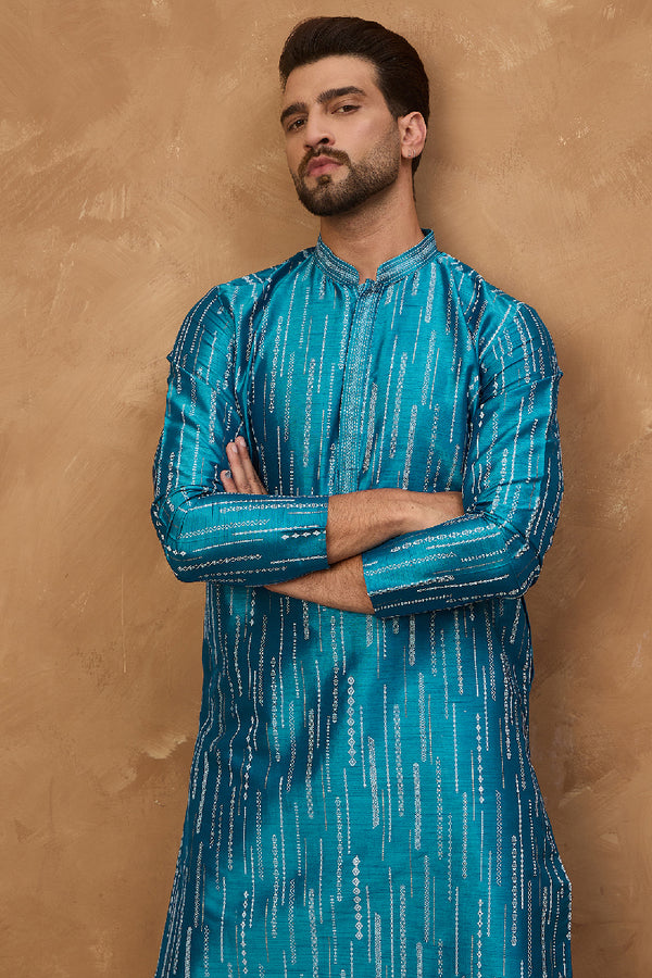Blue Silk Blend Geometric Printed Straight Kurta With Pant Set MKSET1519