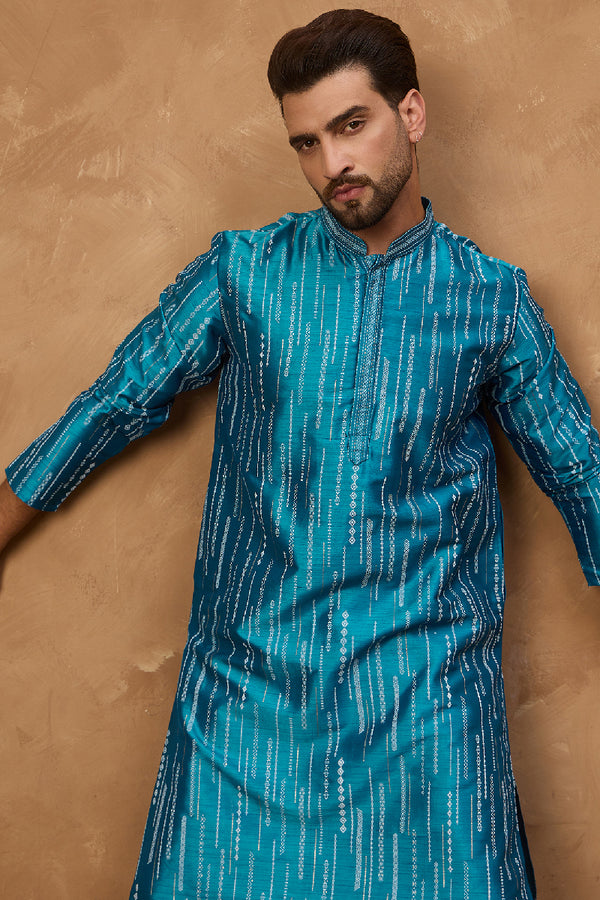 Blue Silk Blend Geometric Printed Straight Kurta With Pant Set MKSET1519