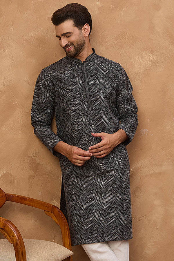 Black Silk Blend Geometric Printed Straight Kurta MKU1520