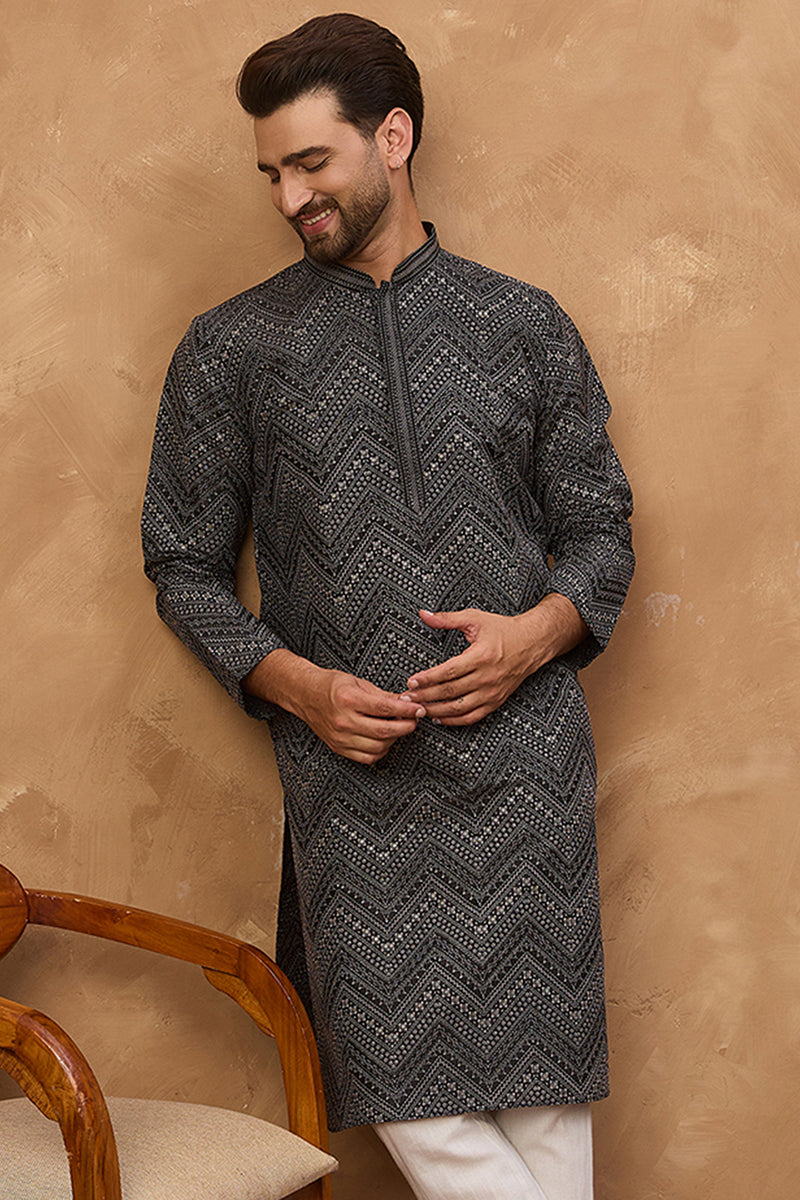 Black Silk Blend Geometric Printed Straight Kurta With Pant Set MKSET1520