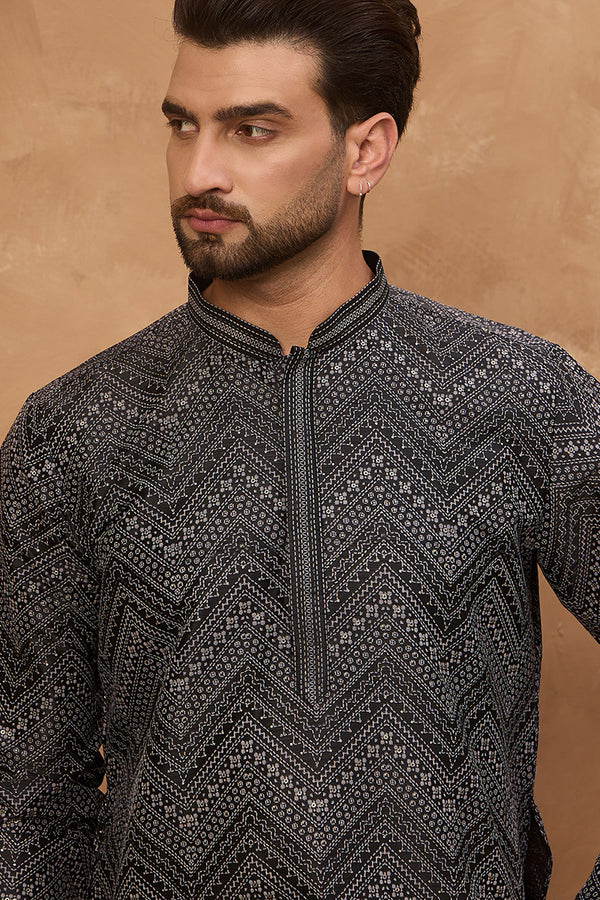 Black Silk Blend Geometric Printed Straight Kurta With Pant Set MKSET1520