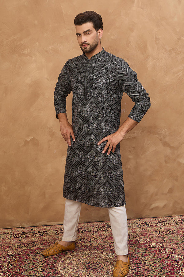 Black Silk Blend Geometric Printed Straight Kurta MKU1520