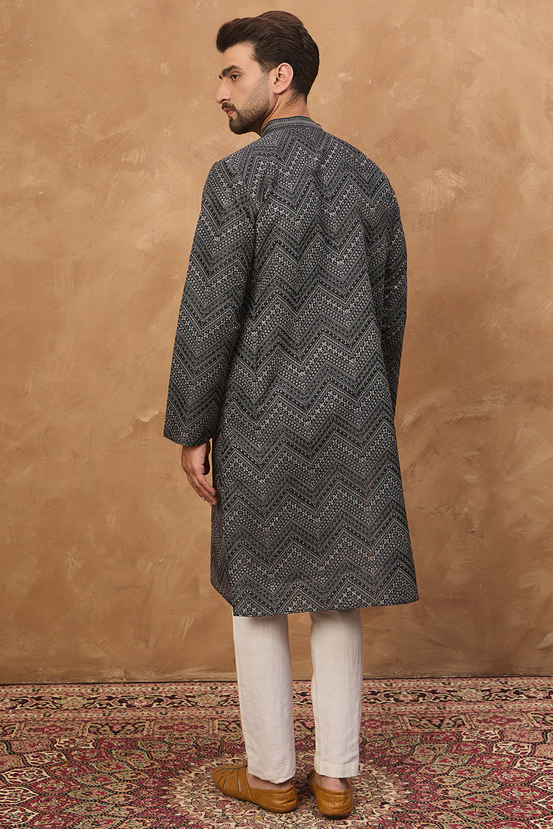 Black Silk Blend Geometric Printed Straight Kurta With Pant Set MKSET1520