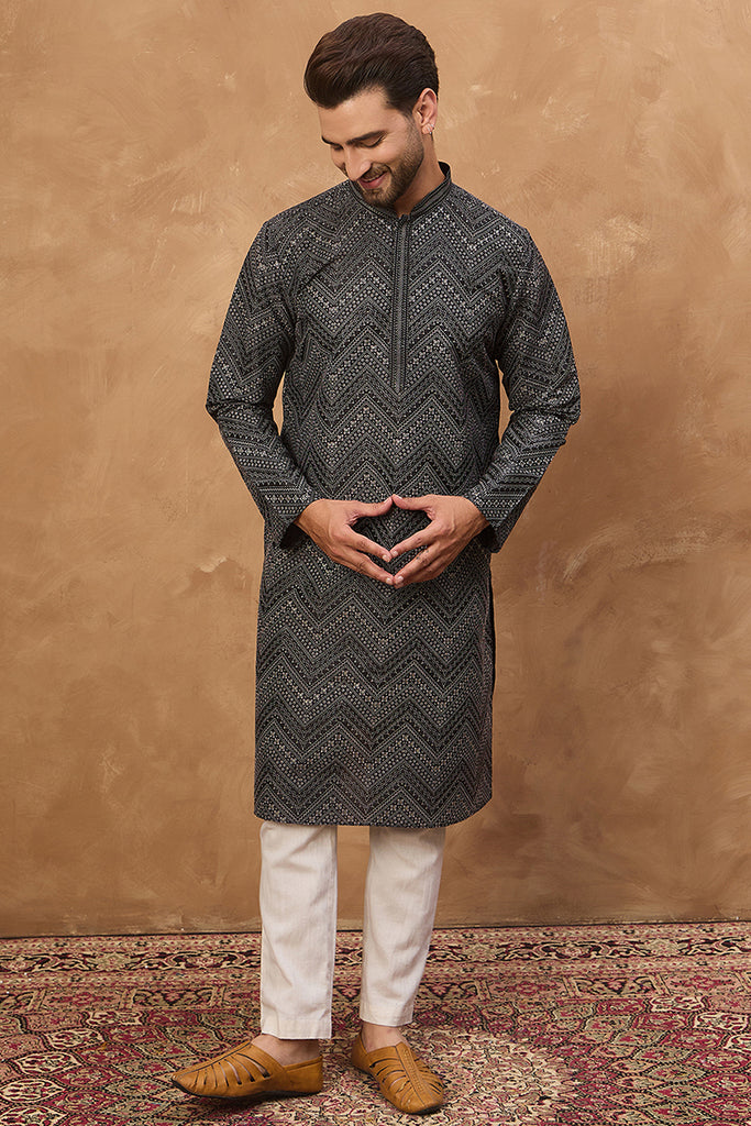 Black Silk Blend Geometric Printed Straight Kurta MKU1520