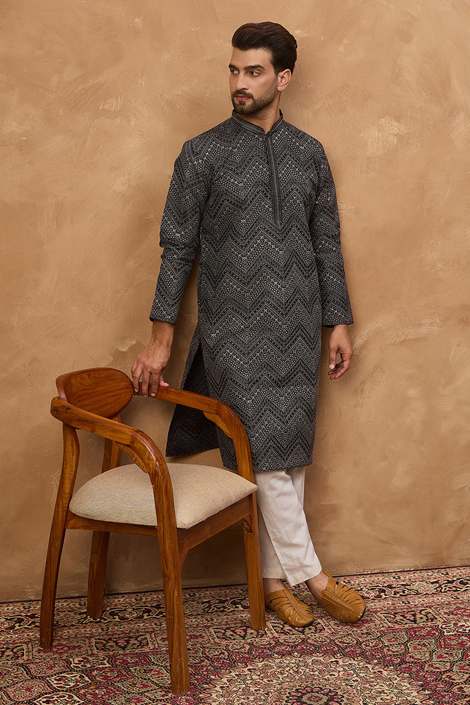 Black Silk Blend Geometric Printed Straight Kurta MKU1520