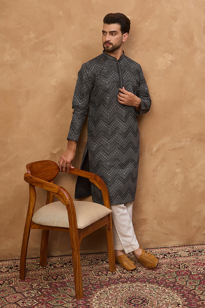 Black Silk Blend Geometric Printed Straight Kurta With Pant Set MKSET1520