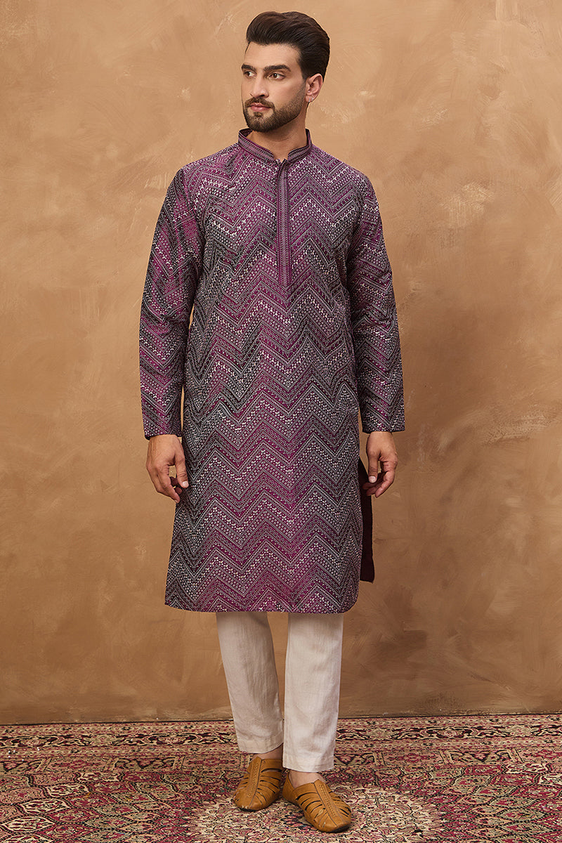 Purple Silk Blend Geometric Printed Straight Kurta With Pant Set MKSET1521