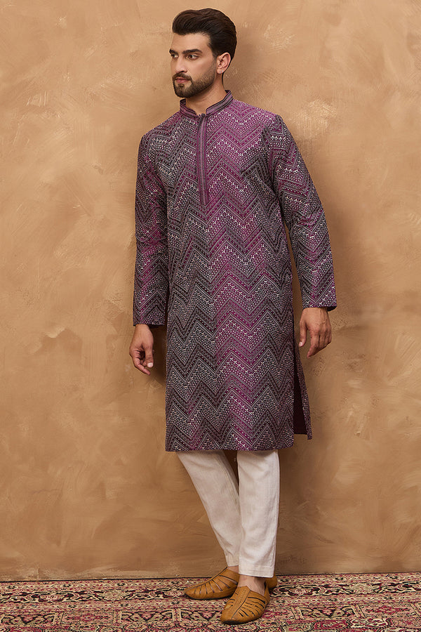 Purple Silk Blend Geometric Printed Straight Kurta With Pant Set MKSET1521