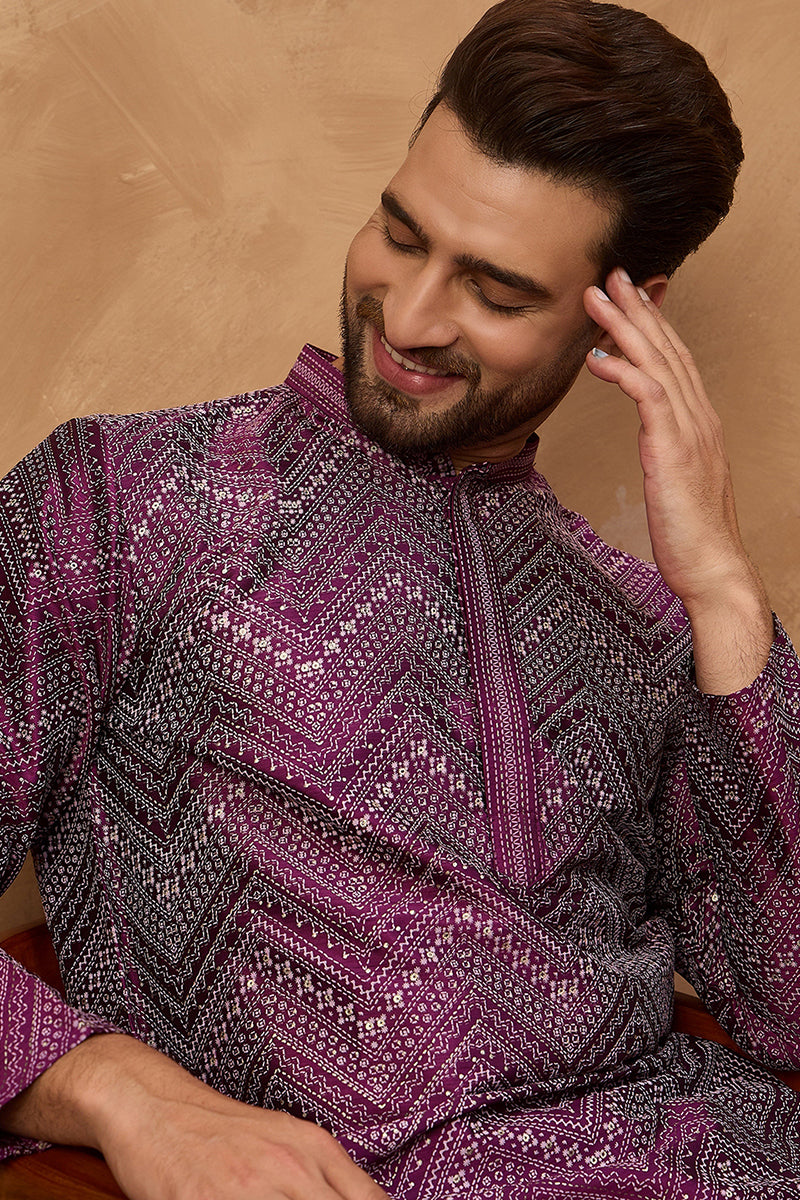 Purple Silk Blend Geometric Printed Straight Kurta With Pant Set MKSET1521