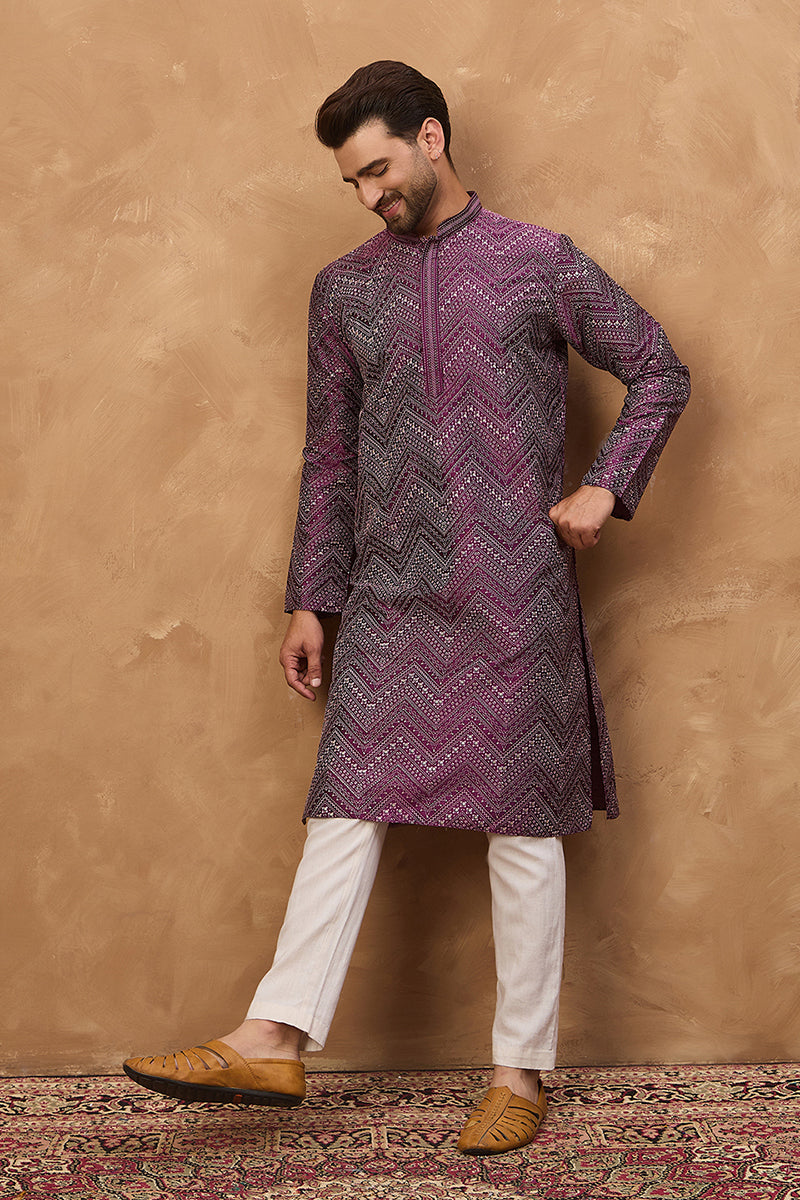 Purple Silk Blend Geometric Printed Straight Kurta MKU1521