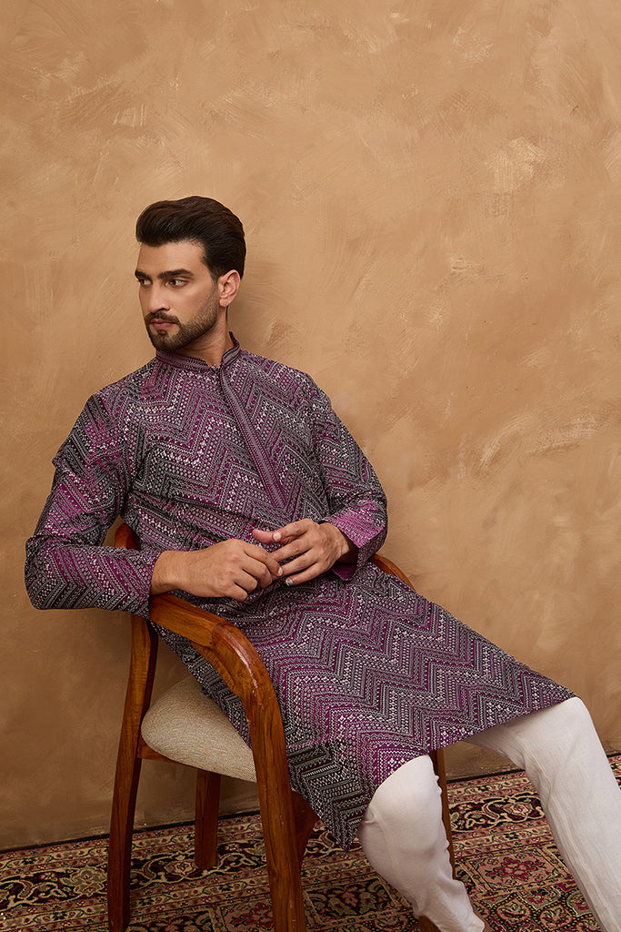 Purple Silk Blend Geometric Printed Straight Kurta MKU1521