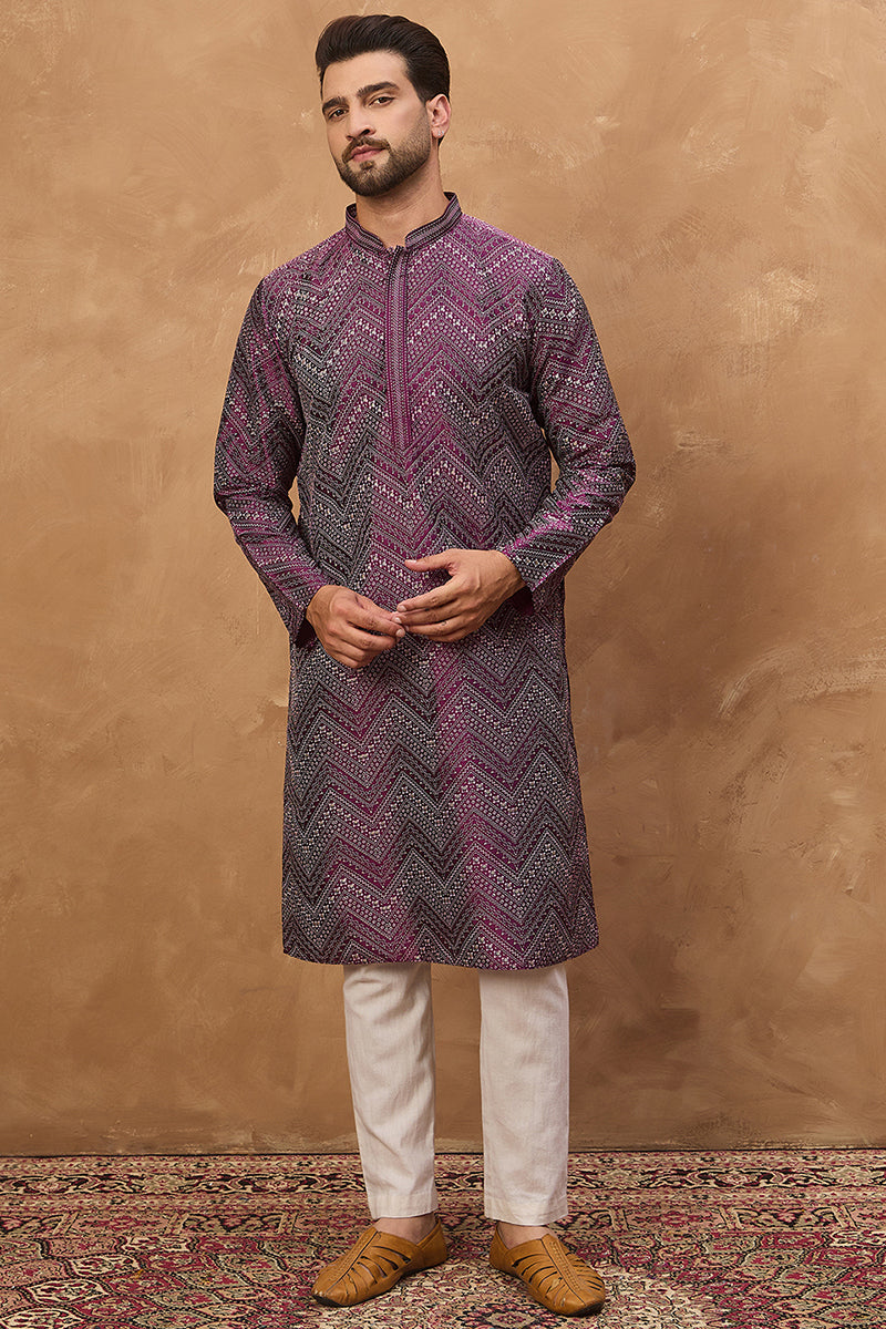 Purple Silk Blend Geometric Printed Straight Kurta With Pant Set MKSET1521