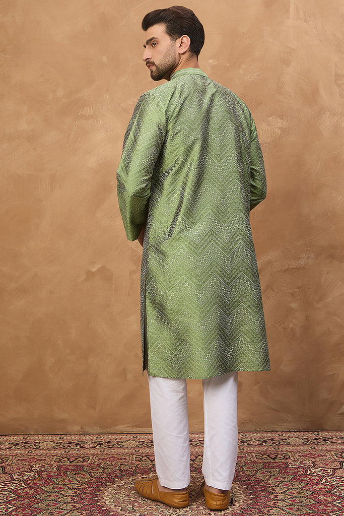 Green Silk Blend Geometric Printed Straight Kurta With Pant Set MKSET1522