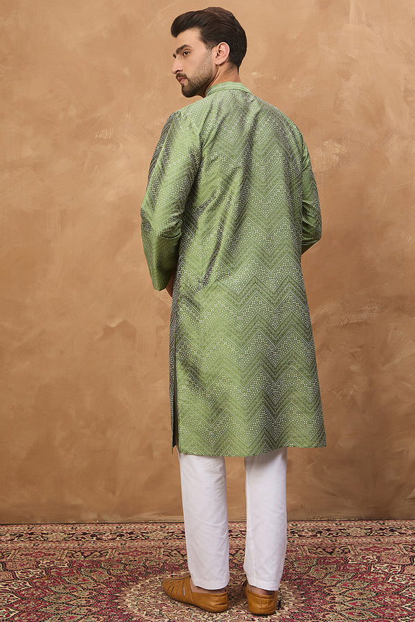 Green Silk Blend Geometric Printed Straight Kurta With Pant Set MKSET1522