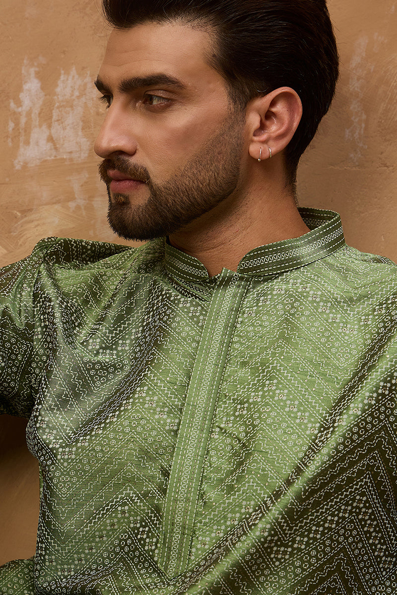 Green Silk Blend Geometric Printed Straight Kurta With Pant Set MKSET1522