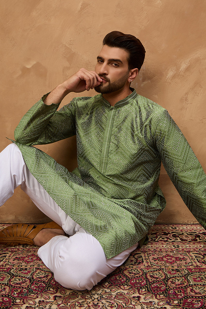 Green Silk Blend Geometric Printed Straight Kurta With Pant Set MKSET1522