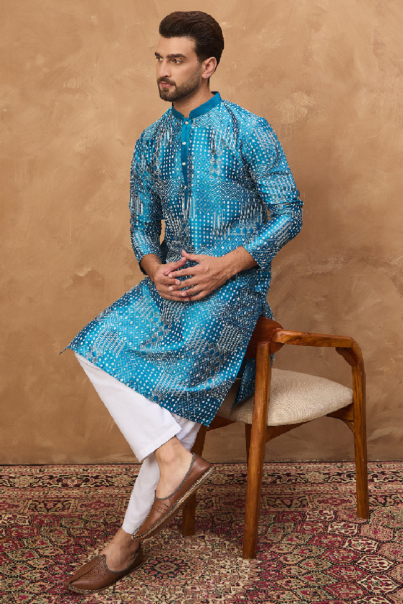 Blue Silk Blend Geometric Printed Straight Kurta With Pant Set MKSET1527