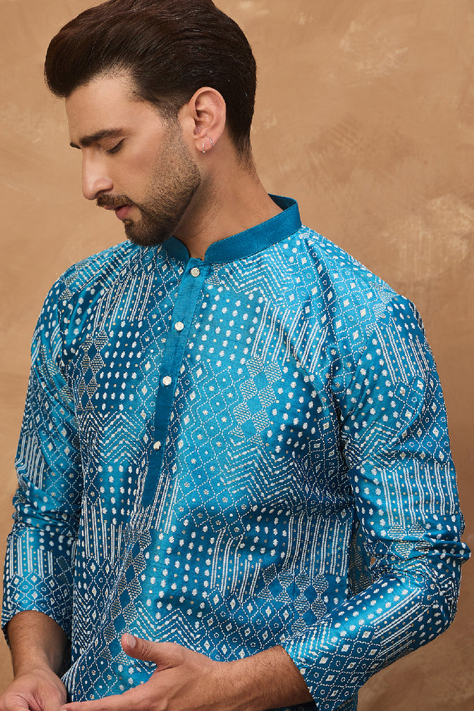 Blue Silk Blend Geometric Printed Straight Kurta With Pant Set MKSET1527