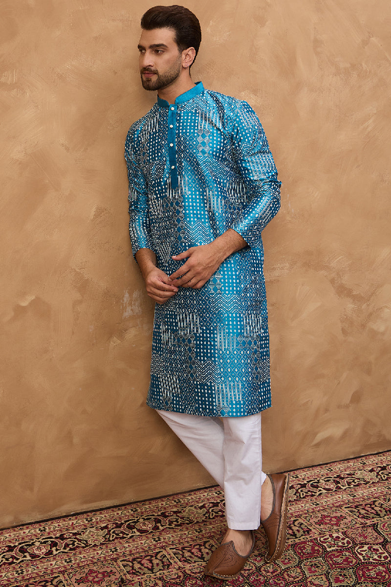 Blue Silk Blend Geometric Printed Straight Kurta MKU1527