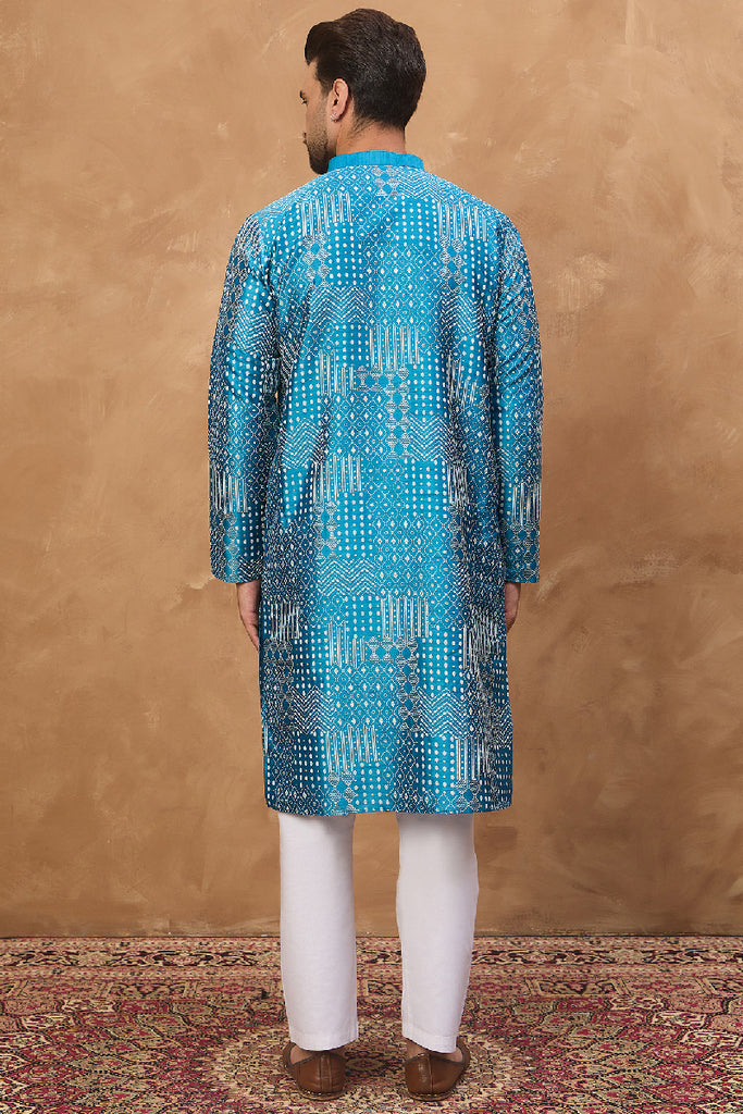Blue Silk Blend Geometric Printed Straight Kurta With Pant Set MKSET1527