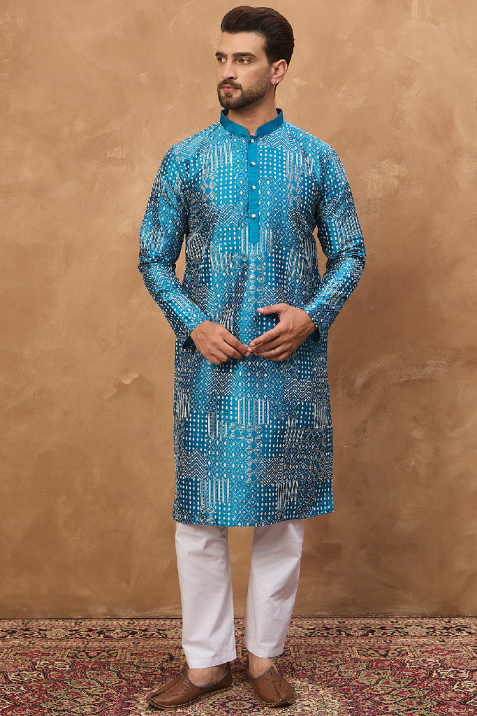 Blue Silk Blend Geometric Printed Straight Kurta MKU1527