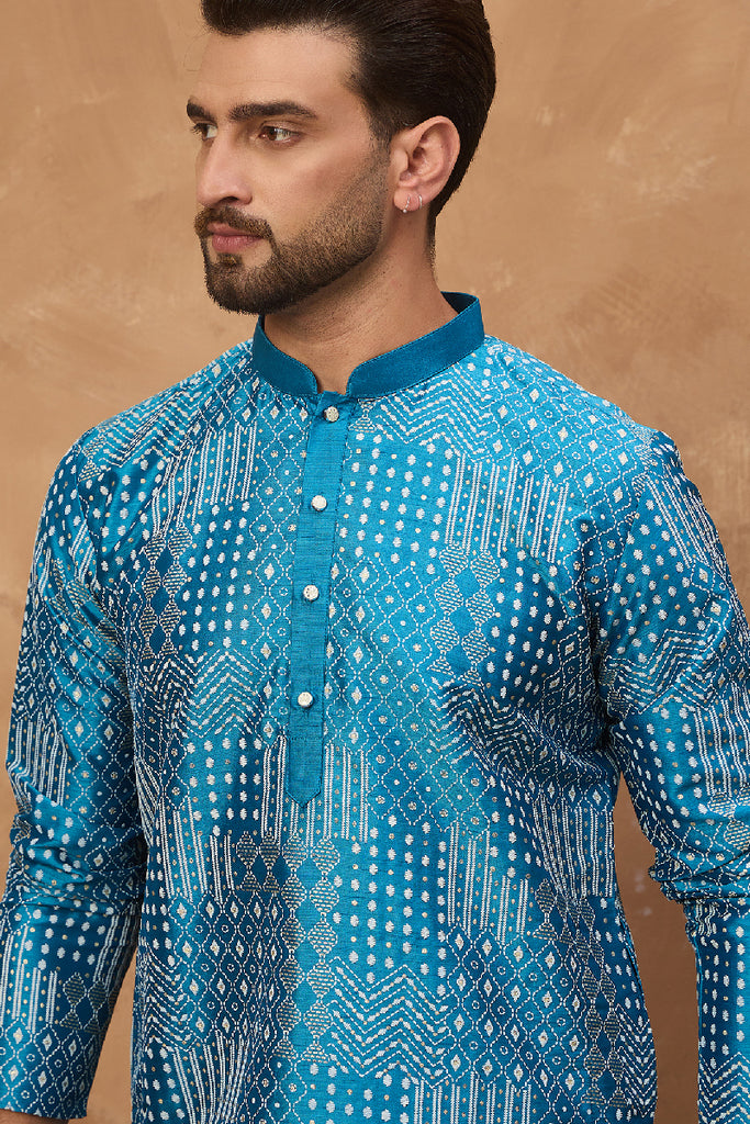 Blue Silk Blend Geometric Printed Straight Kurta With Pant Set MKSET1527