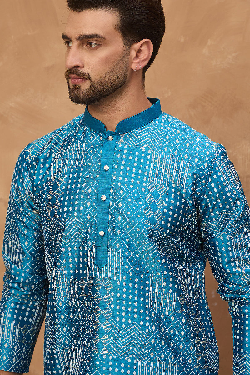 Blue Silk Blend Geometric Printed Straight Kurta MKU1527
