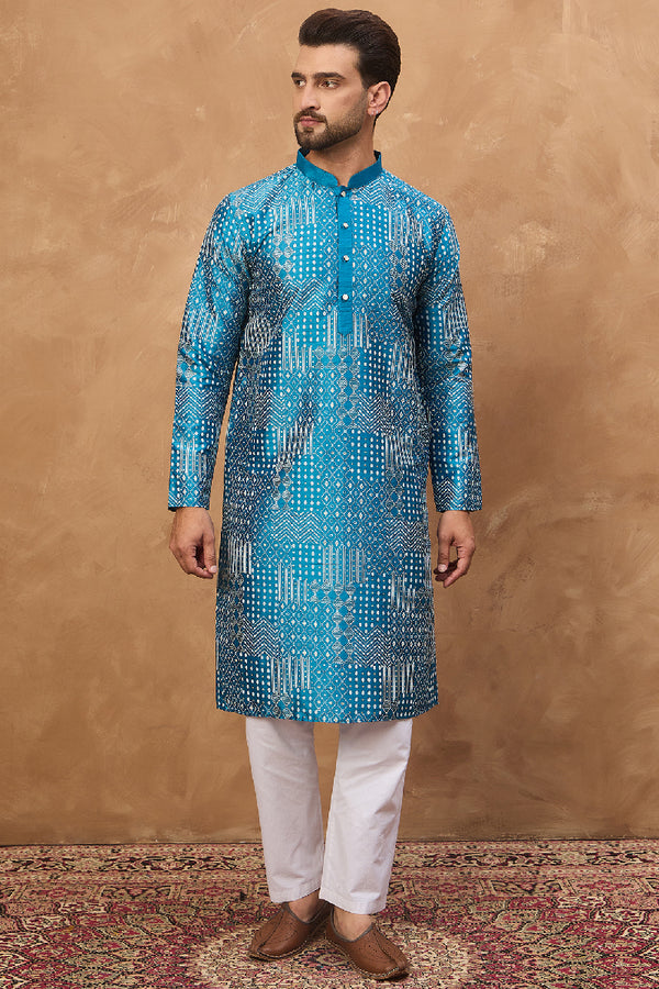 Blue Silk Blend Geometric Printed Straight Kurta With Pant Set MKSET1527