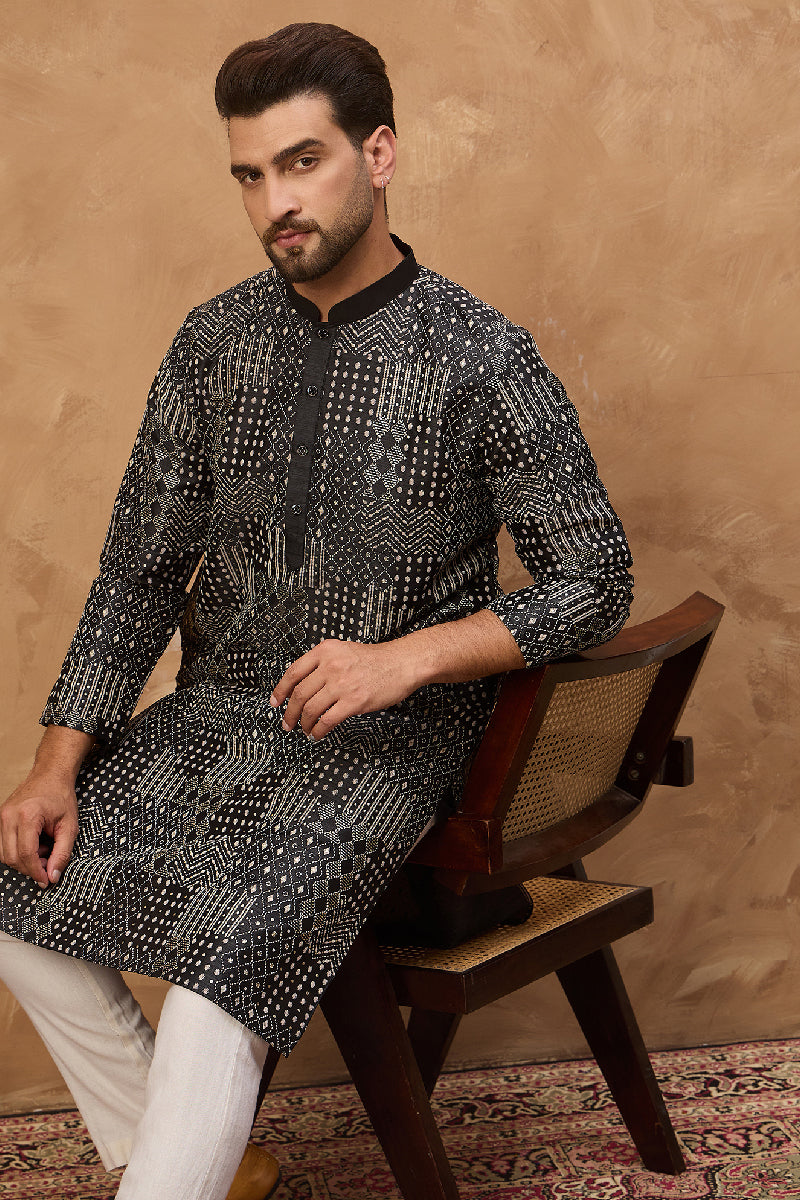 Black Silk Blend Geometric Printed Straight Kurta MKU1528
